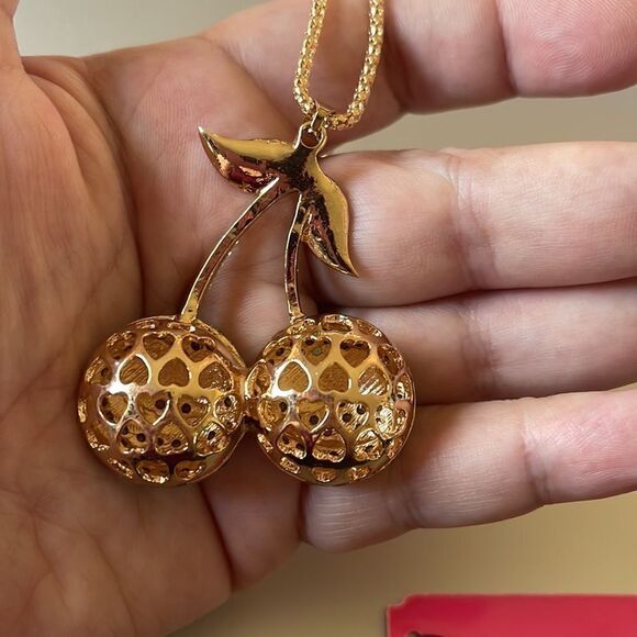 Blue Crystal Enamel Charm Cherry Pendant Sweater Chain Necklace NWOT - Picture 4 of 5